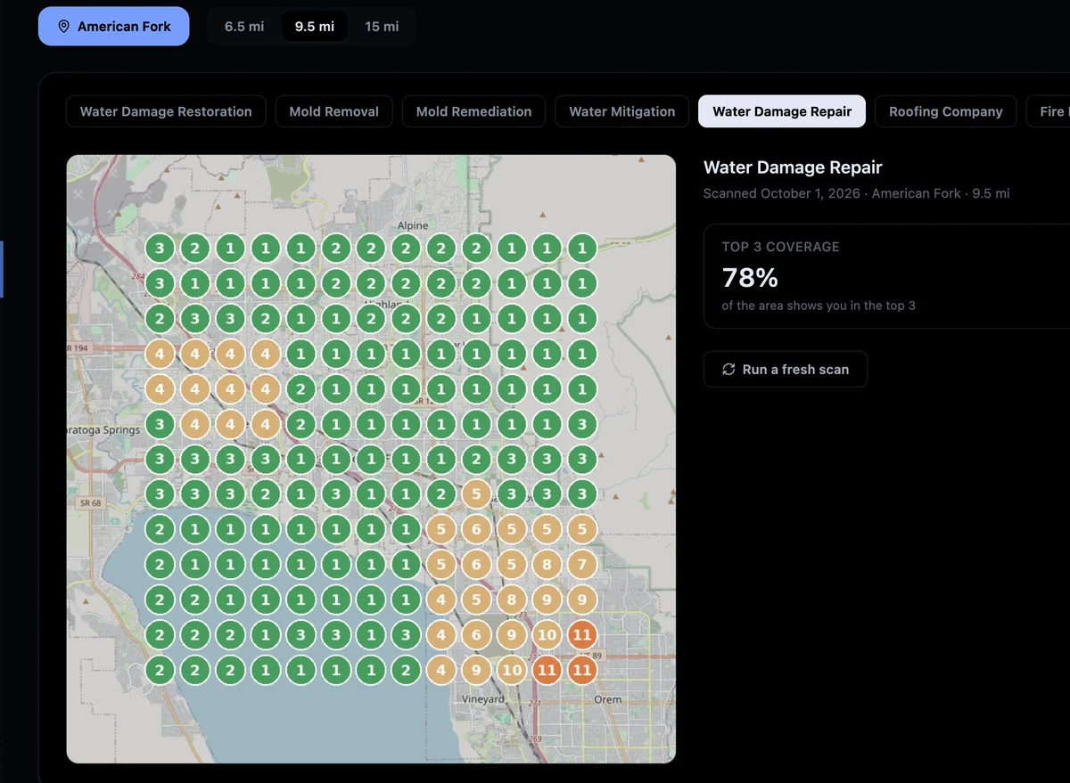 Rank map: water damage repair, 78 percent of the area in the top 3