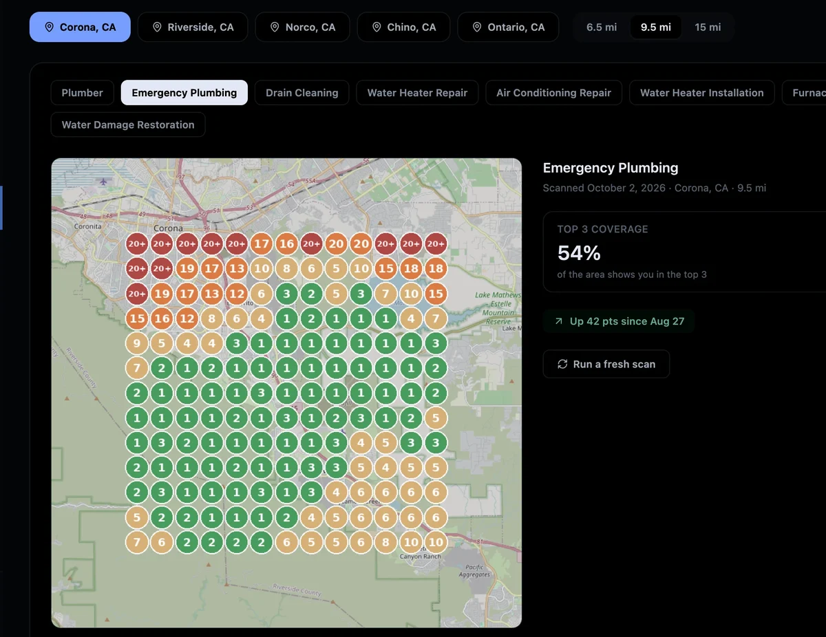 Rank map: emergency plumbing, up 42 points since Aug 27