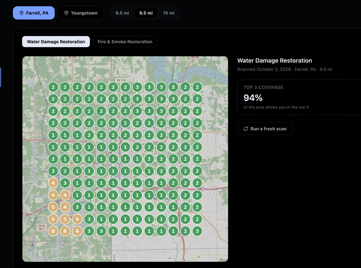 Rank map: water damage restoration, 94 percent of the area in the top 3