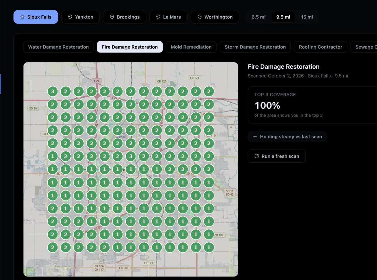 Rank map: fire damage restoration, 100 percent of the area in the top 3
