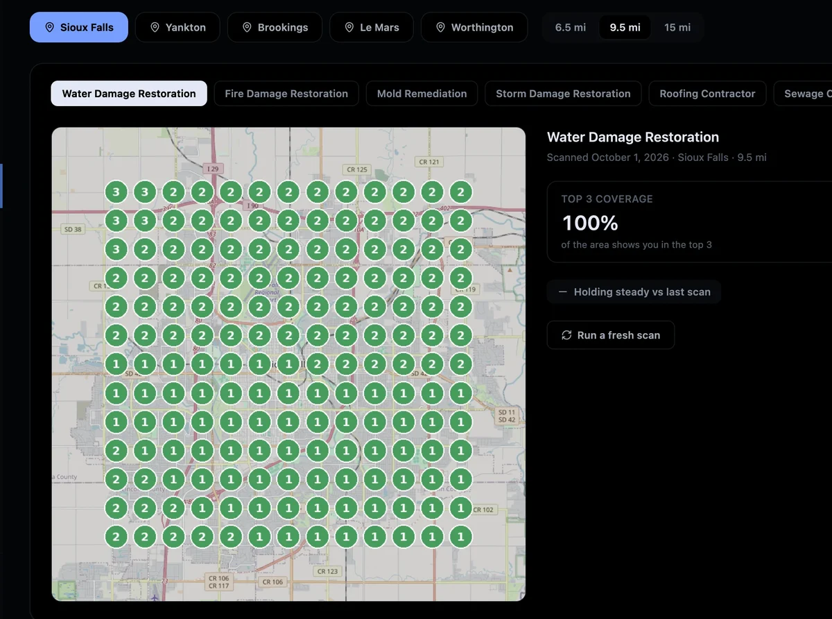 Rank map: water damage restoration, 100 percent of the area in the top 3
