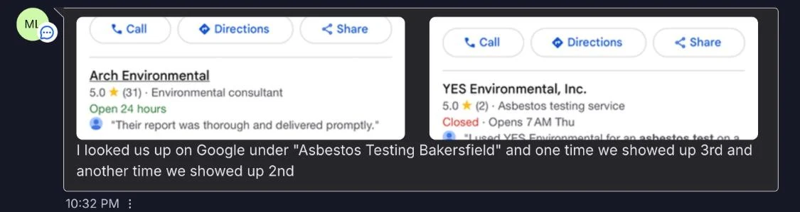 Client text: we showed up 3rd and then 2nd on Google