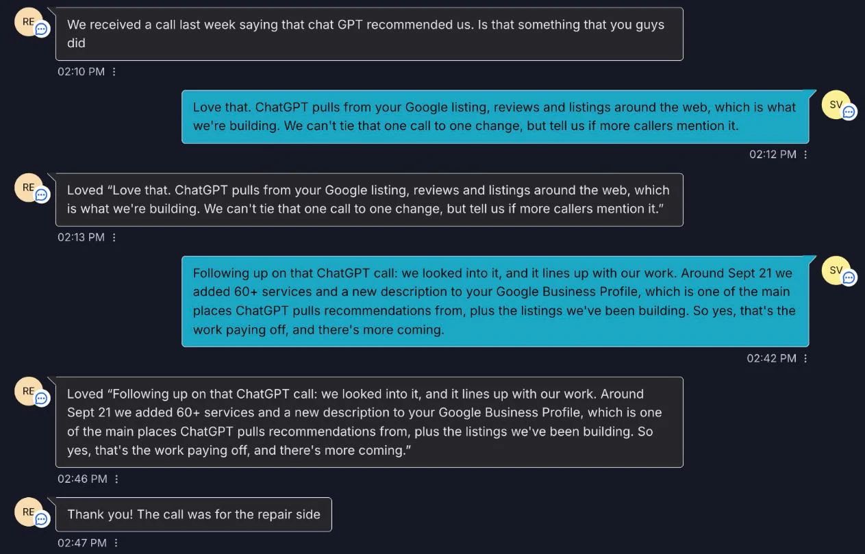 Client text: we received a call saying ChatGPT recommended us